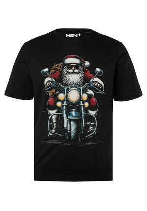 T-shirt noir à manches courtes arborant un graphisme de Santa Claus sur une moto, avec des illustrations détaillées et des couleurs vives.