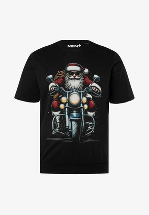 Černé tričko s krátkým rukávem s grafikou Santa Klauze na motorce, s podrobnými ilustracemi a živými barvami.