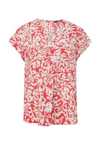 Rot-weißer bedruckter Oberteil mit V-Ausschnitt, kurzen Ärmeln und einer leicht lockeren Passform, ausgestattet mit einem floralen und abstrakten Muster.