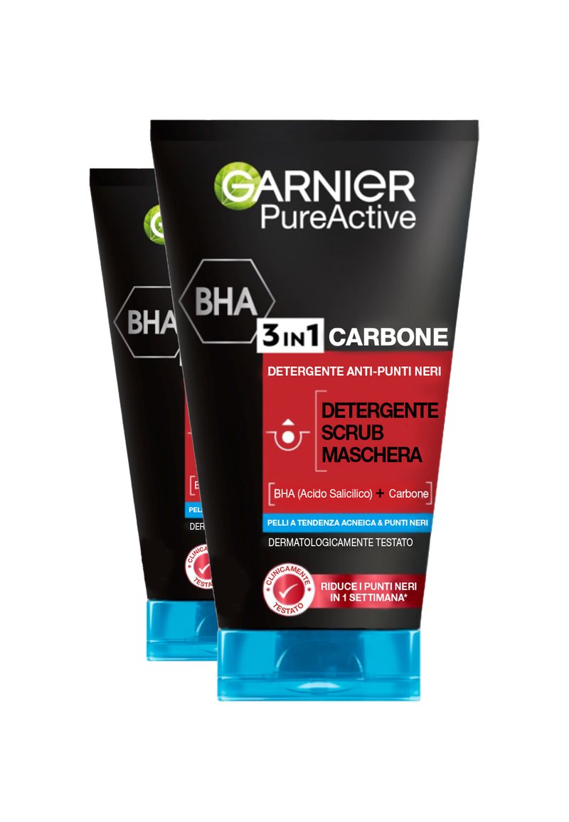Garnier - DETERGENTE PURE ACTIVE INTENSE, AZIONE 3IN1, DETERGENTE + SCRUB + MASCHERA ANTI PUNTI NERI E IMPERFEZIONI, 150 ML - 2 PACK - Maschera viso, Ingrandire