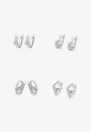 Two pairs of silver earrings with geometric designs; one pair features a row of clear stones, while the other has a polished look with stone accents.