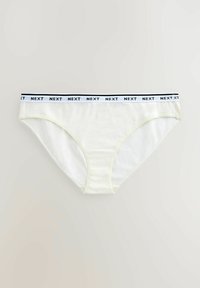 Bijela pamučna bikini gaćice s crnim i plavim pojasom s logotipom "NEXT", s glatkom teksturom i standardnim krojem.