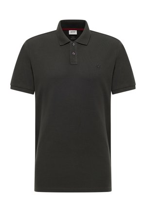 Dunkelgraues Polohemd mit kurzen Ärmeln, Kragen, zwei Knöpfen an der Knopfleiste und kleinem gesticktem Pferdelogo auf der linken Brust.