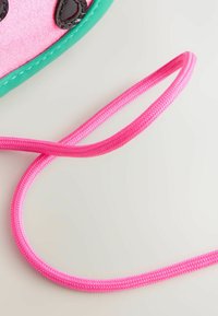 Prodotto in feltro colorato con un design rosa e verde. Presenta accenti neri e un cordino intrecciato rosa. Superficie in feltro dalla texture liscia.