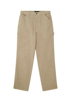 Pantaloni beige a gamba dritta con tasche frontali, passanti per cintura, chiusura con bottone e un piccolo dettaglio ad asola sul lato destro della gamba.