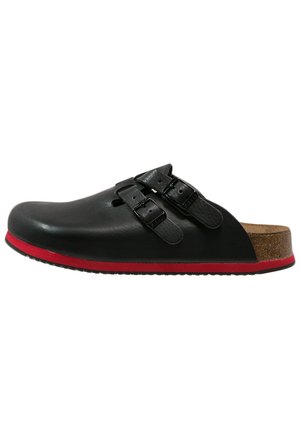 Black leather clogs with two adjustable buckles, cork footbed, and red rubber outsole. Smooth finish with a rounded toe design.