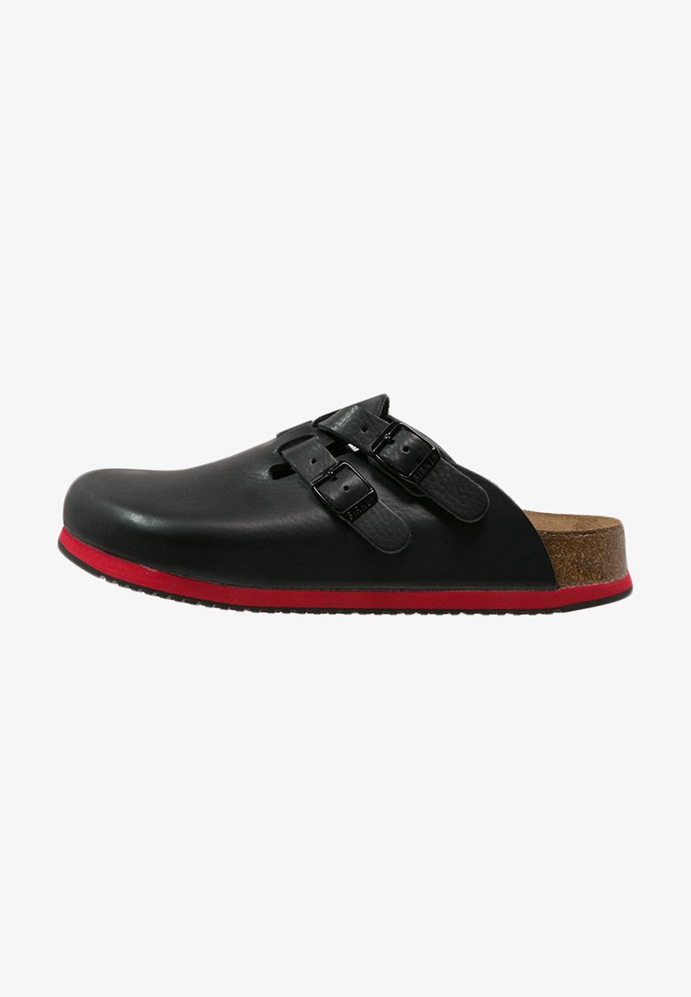 Black leather clogs with two adjustable buckles, cork footbed, and red rubber outsole. Smooth finish with a rounded toe design.