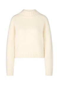 Cremfarbener gestrickter Pullover mit hohem Rippkragen, langen Ärmeln und cropped Design. Die Textur wirkt weich und gemütlich.