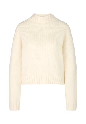 Cream-colored knitted sweater with a high ribbed collar, long sleeves, and a cropped design. The texture appears soft and cozy.