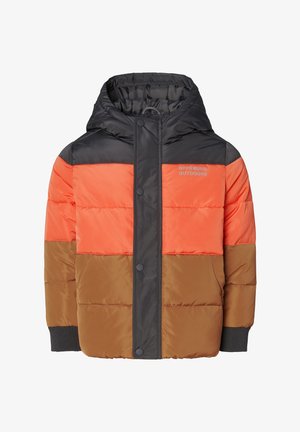 Giacca imbottita a blocchi di colore con cappuccio. Presenta pannelli arancioni, neri e marroni, chiusure a scatto e polsini a costine. Realizzata in materiale sintetico.