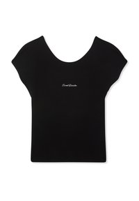 T-shirt nera a maniche corte con scollo ampio e testo ricamato bianco che dice "Sweet Disaster" sul fronte. Tessuto morbido.