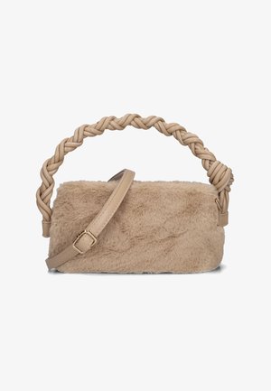 Beige handbag with a soft, furry texture, a braided faux leather handle, and a detachable strap for versatility.