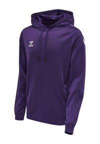 Felpa con cappuccio viola a maniche lunghe con coulisse, tasche frontali e logo bianco Hummel sul petto e sulla spalla.