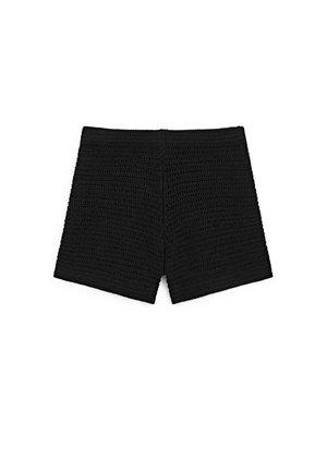 Black crocheted fabric shorts with a straight cut and mid-thigh length, displayed flat on a white background.