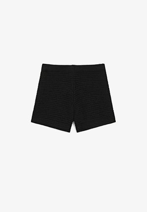 Black crocheted fabric shorts with a straight cut and mid-thigh length, displayed flat on a white background.