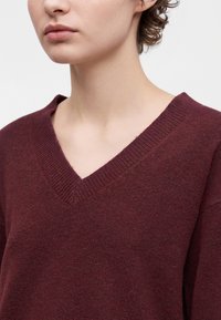 Gros plan d'une personne portant un pull en maille bordeaux à col en V, montrant le cou et une partie du bas du visage sur un fond blanc.