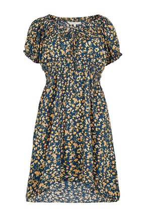 Blumenkleid mit kurzen Ärmeln, navy Hintergrund und mehrfarbigen Blumenmustern. Leichtes Material mit gerafftem Taillendetail.