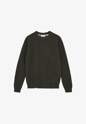 Maglione in maglia a coste verde scuro con scollo rotondo e maniche raglan. Presenta un tessuto strutturato e un orlo dritto.