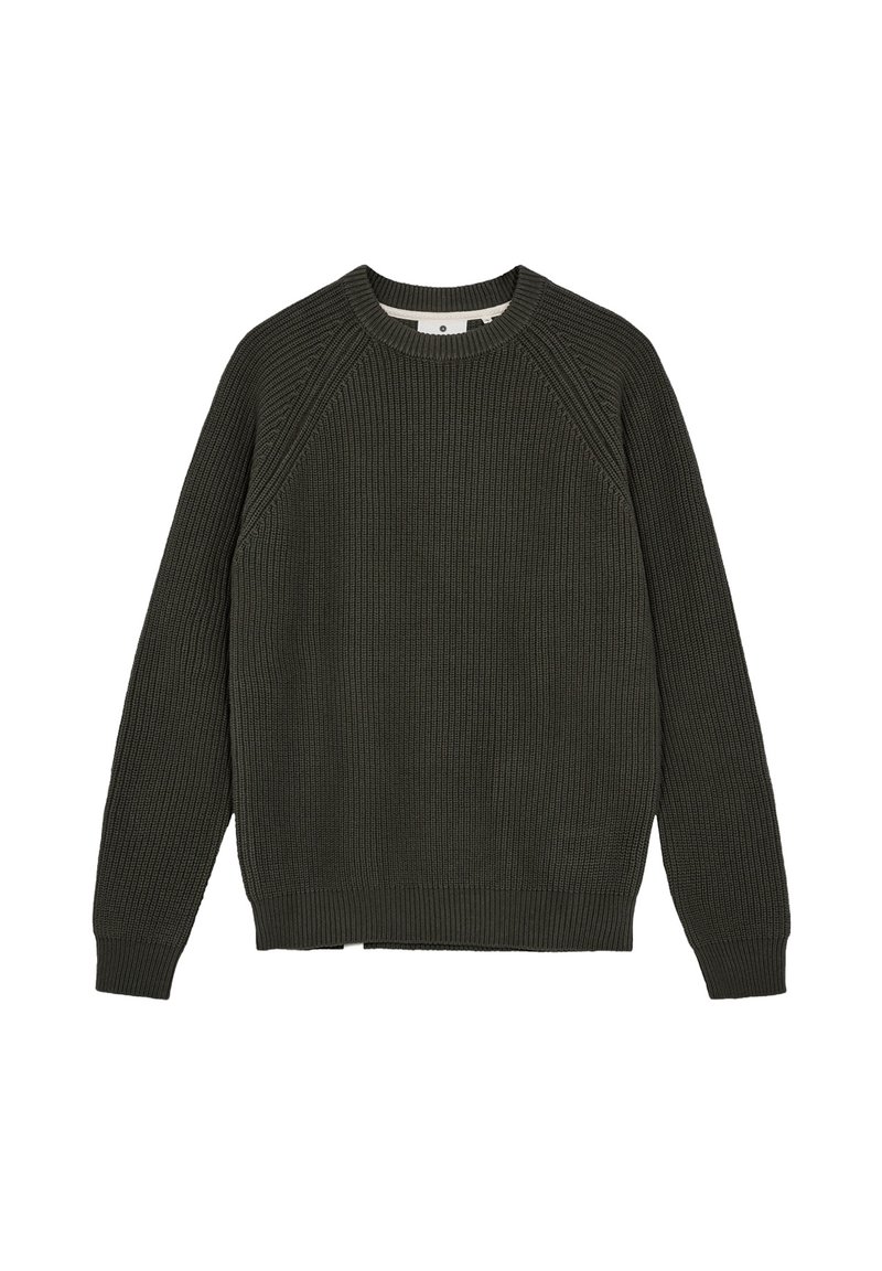 Maglione in maglia a coste verde scuro con scollo rotondo e maniche raglan. Presenta un tessuto strutturato e un orlo dritto.