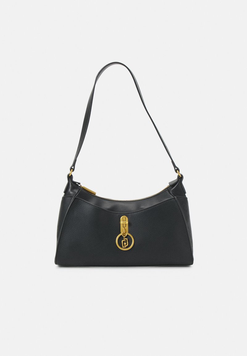 Borsa a spalla in pelle nera con forma arrotondata, dotata di una chiusura a lucchetto in oro e superficie testurizzata. Chiusura con cerniera sulla parte superiore.