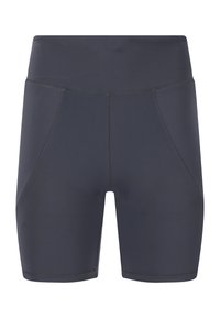 Pantaloni sportivi grigio scuro con vita alta, texture liscia e cuciture a contrasto. Presentano pannelli laterali per un aspetto aerodinamico.