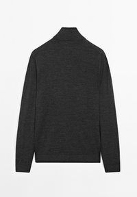 Dark grey knitted sweater with a high collar, long sleeves, and ribbed cuffs and hem, featuring a smooth texture and minimal design.