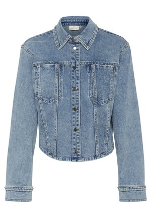Lichtblauwe spijkerjack met een cropped ontwerp, voorzien van een puntige kraag, drukknoopsluitingen en studs langs de naden en zakken.