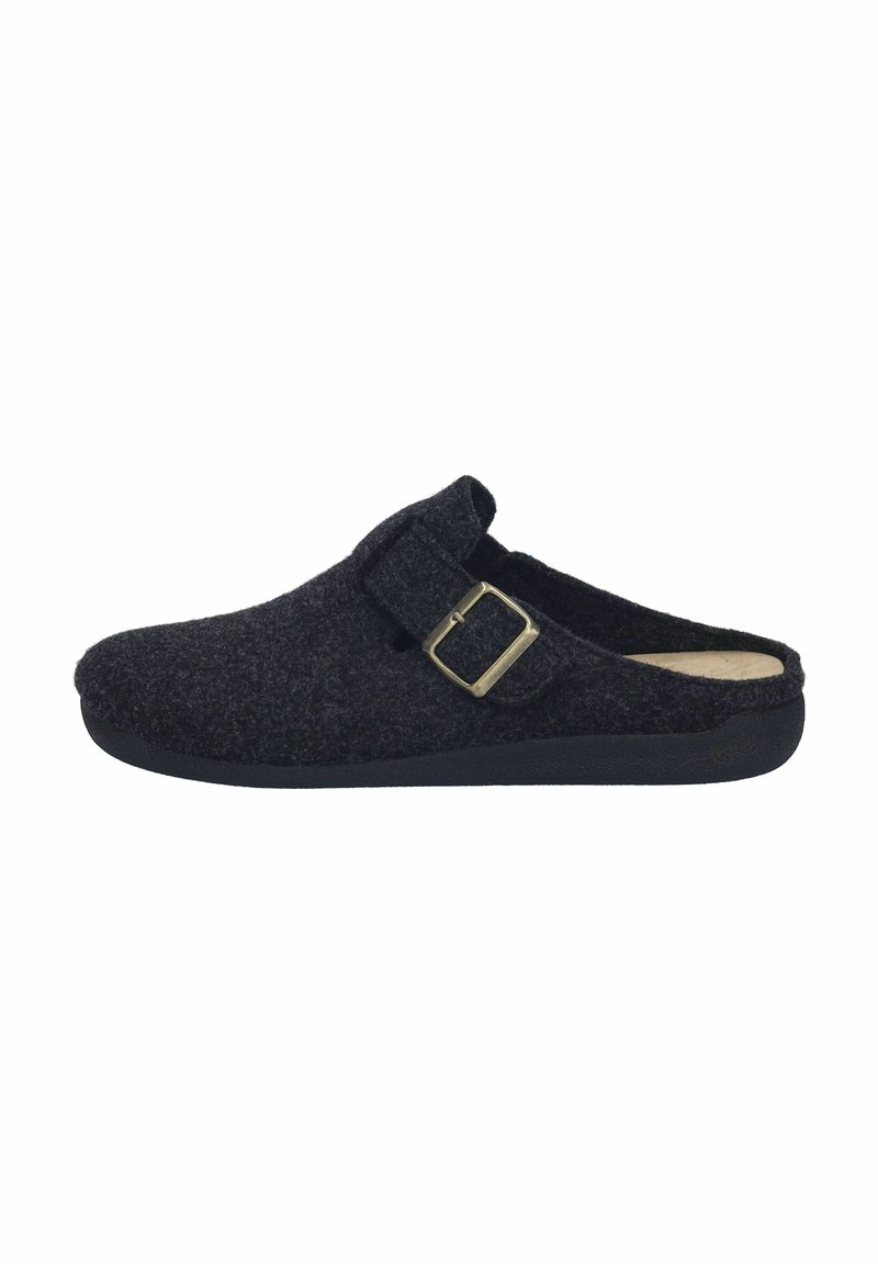 Schwarzer Filzclog mit verstellbarem Riemen und Messing-Schnalle. Verfügt über eine gepolsterte Einlegesohle und eine strukturierte Außensohle für besseren Halt.