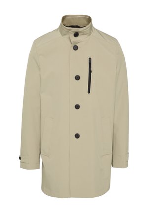 Beige jas met een hoge kraag, zwarte knopen, een verticale ritszak en twee voorzakken. Gladde textuur en getailleerde pasvorm.