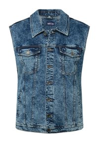 Jeansväst i ljusblått med en urtvättad finish. Har krage, ärmlös design, två bröstfickor och knäppning fram.