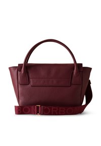 Borsa in pelle bordeaux con design strutturato, doppio manico, una tracolla rimovibile con testo in rilievo e una tasca anteriore.