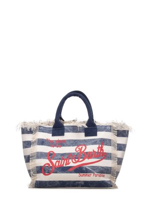 Borsa a righe blu e bianca con manici blu navy e testo rosso con la scritta "Saint Barth Summer Paradise" con bordi sfrangiati.
