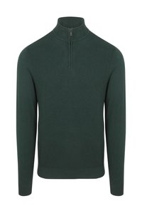 Donkergroen pullover met ritssluiting en een geweven textuurpatroon, geribbelde manchetten en een geribbelde kraag. Lange mouwen en een aansluitende pasvorm.