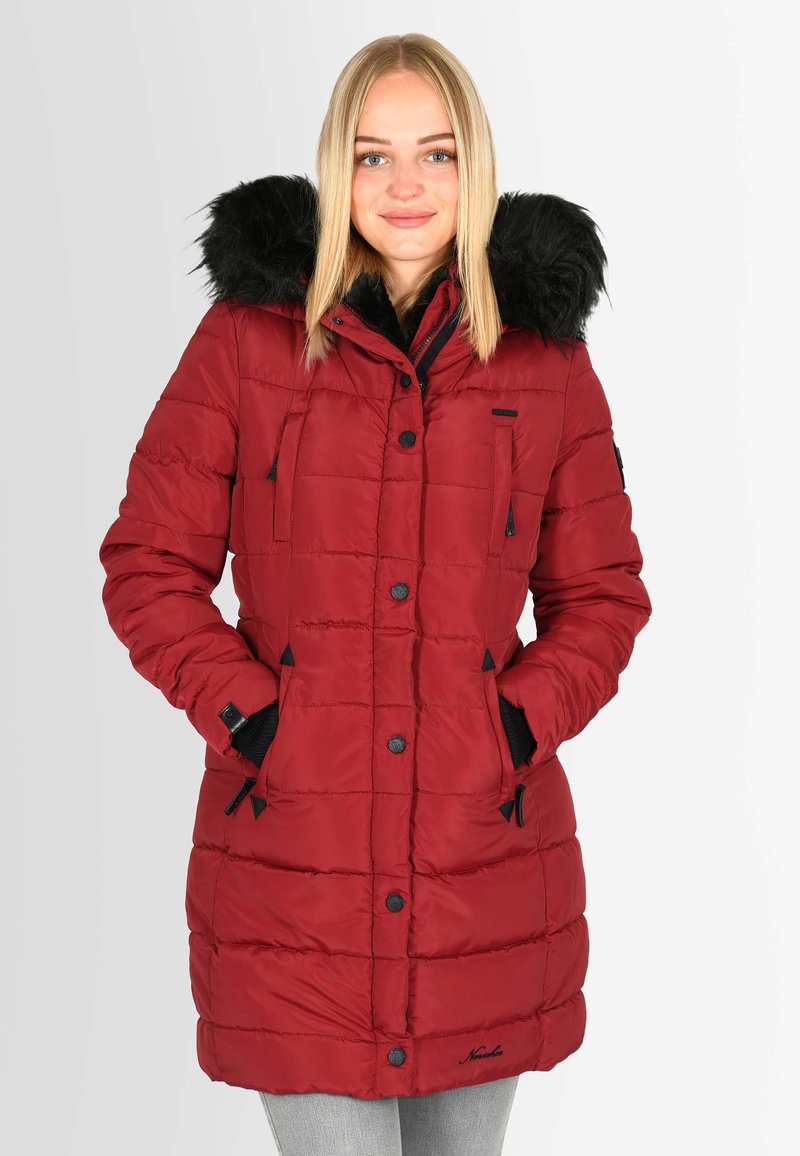 Red puffer coat with a faux fur hood, zippered pockets, ribbed cuffs, and vertical stitching. Features black accents and a logo detail.