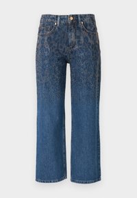 Denim jeans with a straight leg cut. Dark blue fabric features a subtle pattern of small metallic studs at the top, fading to plain at the bottom.