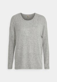 Gray long-sleeve top with a round neckline, made of soft textured fabric. Features a relaxed fit and minimal stitching detail.