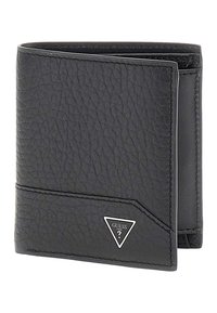 Portefeuille en cuir noir avec une surface texturée, design à trois volets et accent en triangle argenté. Dispose d'une fente pour carte à l'avant.