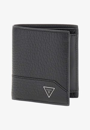 Portefeuille en cuir noir avec une surface texturée, design à trois volets et accent en triangle argenté. Dispose d'une fente pour carte à l'avant.