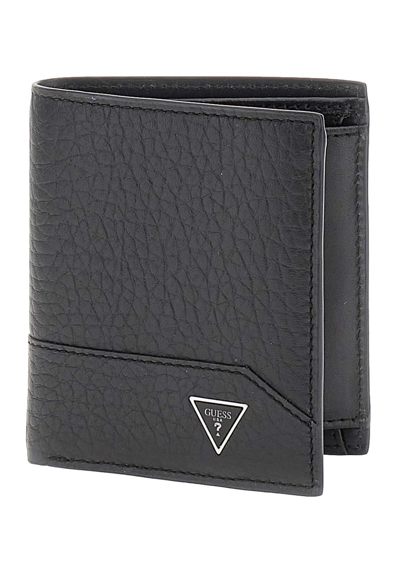 Portefeuille en cuir noir avec une surface texturée, design à trois volets et accent en triangle argenté. Dispose d'une fente pour carte à l'avant.