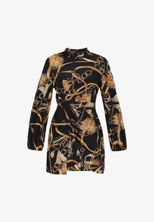 Jurk met lange mouwen van zwarte stof met een gouden bloemen- en kettingprint. Heeft een hoge halslijn en geplooide details bij de taille.