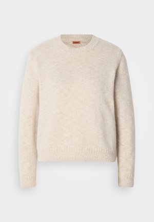 Helles beiges Sweatshirt aus weichem Strickstoff. Verfügt über einen runden Halsausschnitt, lange Ärmel und gerippte Akzente am Saum und an den Bündchen.