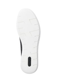 Black sneaker sole with white rubber traction pattern, featuring textured detailing and a logo. The structure is flexible and lightweight.