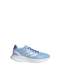 Chaussure de sport bleue avec tige en maille, accents violets, liserés argentés et semelle blanche. Dispose d'une semelle intermédiaire Cloudfoam rembourrée pour le confort.