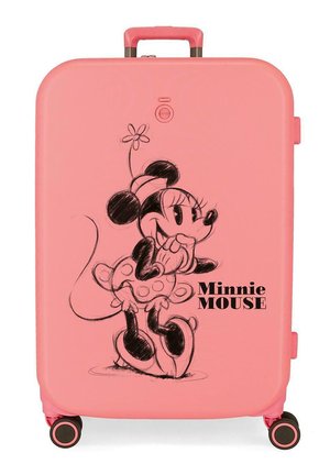 Maleta rosa con un dibujo en negro de Minnie Mouse vistiendo un vestido y una diadema de flores, con el texto "Minnie Mouse" en la parte frontal.