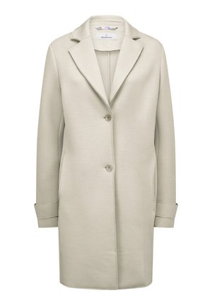 Hellbeige, langer Mantel aus strukturiertem Stoff mit Reverskragen, zwei Knöpfen und seitlichen Taschen. Einfaches und klares Design.