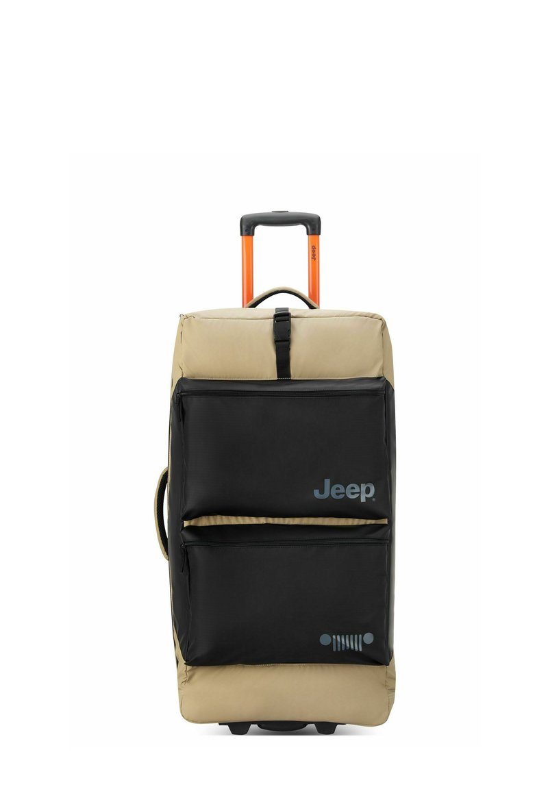 Valigia con parte superiore beige e sezione inferiore nera, dotata di due tasche frontali e manico telescopico arancione. Logo Jeep visibile.