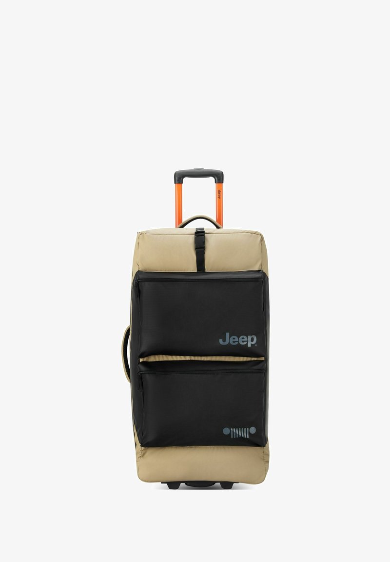 Valigia con parte superiore beige e sezione inferiore nera, dotata di due tasche frontali e manico telescopico arancione. Logo Jeep visibile.
