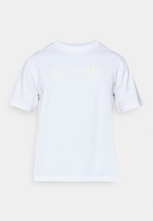White cotton t-shirt with short sleeves, featuring three subtle logo prints in pale colors across the chest area. Classic crew neck design.