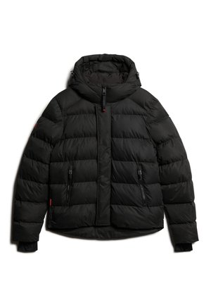 Chaqueta acolchada negra con capucha, que cuenta con cierre de cremallera, diseño acolchado y dos bolsillos frontales con cremallera. Tejido suave y ligero.