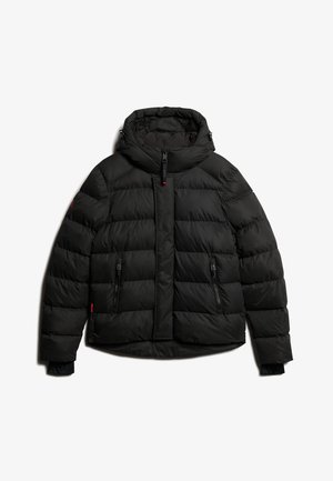 Zwarte gewatteerde jas met capuchon, met een ritsluiting, gewatteerd ontwerp en twee voorzakken met ritssluiting. Glad, lichtgewicht materiaal.